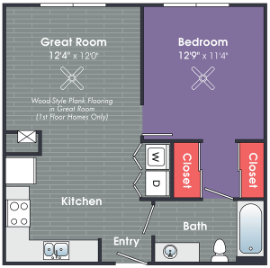A floor plan for a one bedroom apartment in an apartment complex.
