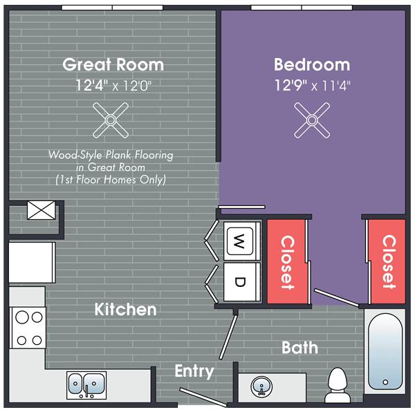 A floor plan for a one bedroom apartment in an apartment complex.