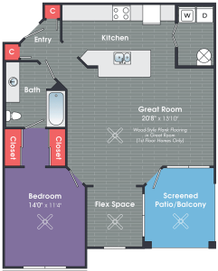 A floor plan of a one bedroom apartment.