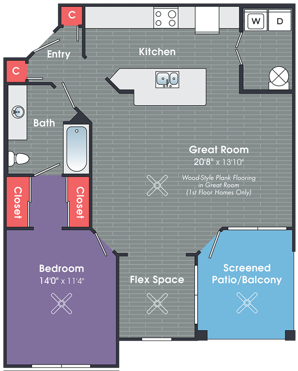 A floor plan of a one bedroom apartment.