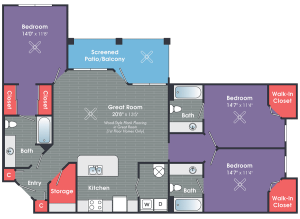 A two bedroom apartment floor plan.