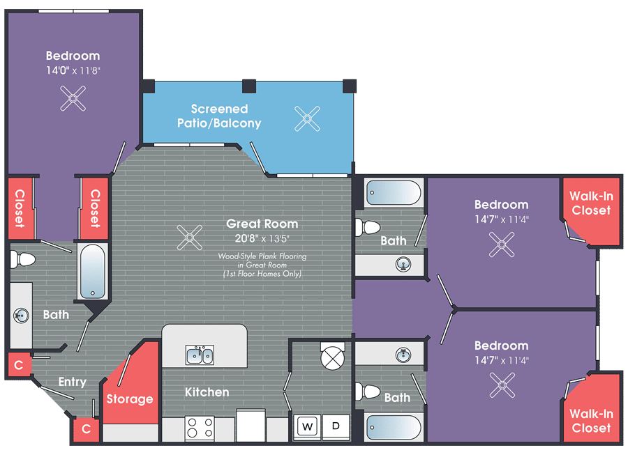 A two bedroom apartment floor plan.