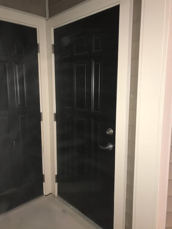 A black door with a white handle on it, found in apartments.