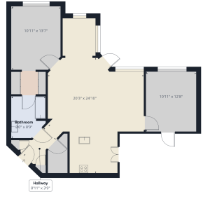 Apartments in Bluffton A floor plan for modern apartments features a spacious living area measuring 20'3" x 24'10", a kitchen, bedroom sized at 10'11" x 12'8", a bathroom of 8'0" x 8'9", and a connecting hallway.