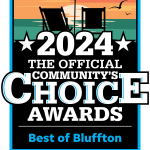 Apartments in Bluffton A 2024 award logo reads "The Official Community's Choice Awards - Best of Bluffton WINNER" with beach imagery in the background, celebrating the finest apartments in Bluffton.