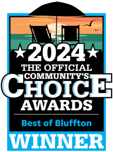 Apartments in Bluffton A 2024 award logo reads "The Official Community's Choice Awards - Best of Bluffton WINNER" with beach imagery in the background, celebrating the finest apartments in Bluffton.