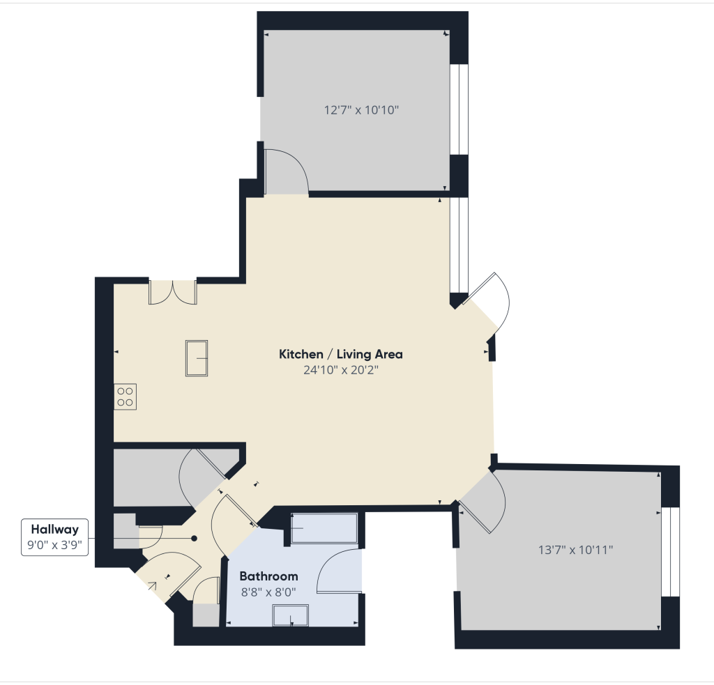 Apartments in Bluffton Floor plan showing a kitchen/living area, a bathroom, and two rooms with dimensions. Hallway and doorways are visible.