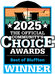 Apartments in Bluffton A graphic for the 2025 Official Community’s Choice Awards, Best of Bluffton, showing a sunset, chair, table, and the word "WINNER" at the bottom.