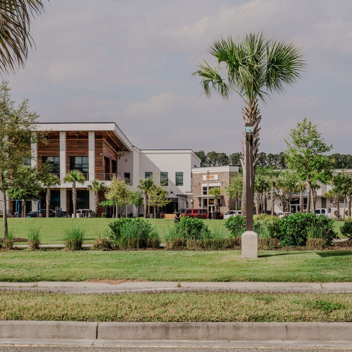 Apartments in Bluffton A modern building with large windows and a covered entrance sits behind a well-manicured lawn with small trees and shrubs. Palm trees are in the foreground with a road in the front.