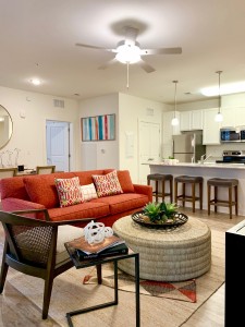 One Bedroom Apartments for rent in Bluffton, SC - Model Apartment Living Room with View to Kitchen with Breakfast Bar              