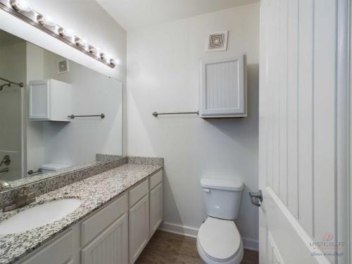 Apartments in Bluffton A bathroom with a granite countertop, sink, a toilet, wall-mounted cabinet, large mirror with lights above, and white-paneled door.