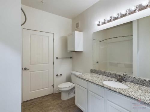 Apartments in Bluffton A bathroom with a granite countertop vanity, sink, toilet, shower curtain, and a door. There is a wall-mounted cabinet and grab bars near the toilet. The floor is wood-style.