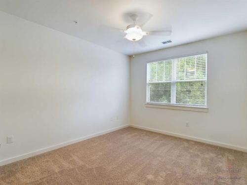 Apartments in Bluffton A bright, empty room with beige carpet, white walls, a ceiling fan with light, and a window with white blinds.