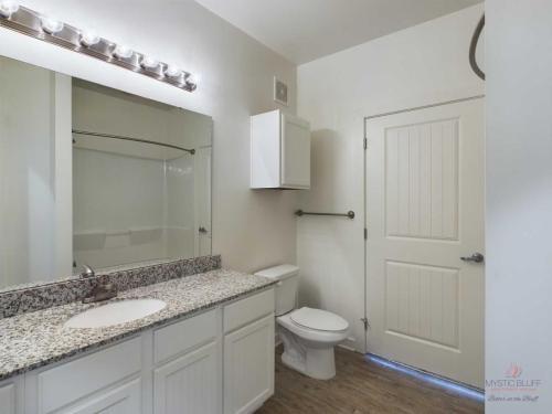 Apartments in Bluffton A clean bathroom featuring a granite countertop with a single sink, a large mirror with overhead lights, a toilet, and a bathtub with a shower curtain. The room has white cabinetry and flooring.