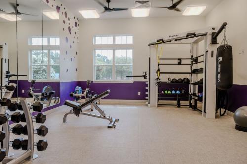 Apartments in Bluffton A well-lit gym features free weights, a bench, a punching bag, various exercise equipment, and a mirrored wall. The room has off-white walls with purple accents and large windows.