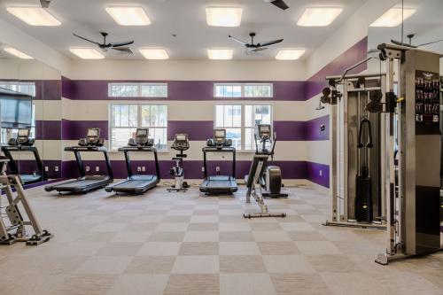 Apartments in Bluffton A well-lit gym with treadmills, stationary bikes, and various strength training equipment, featuring purple and white walls.