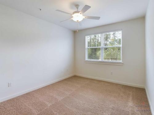 Apartments in Bluffton An empty room with beige carpet, white walls, a ceiling fan, and a window with blinds that lets in natural light.