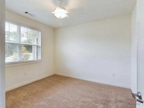 Apartments in Bluffton An empty room with beige carpet, white walls, a ceiling fan with a light, and a large window with white blinds.