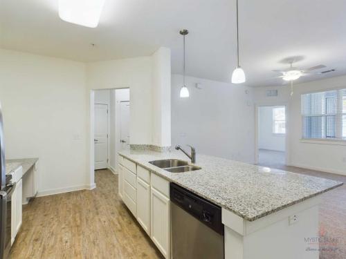 Apartments in Bluffton Modern kitchen with granite countertops, stainless steel sink, dishwasher, and pendant lighting. Light wood flooring extends into the open living area with large windows and ceiling fan.