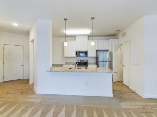 Apartments in Bluffton Modern kitchen with stainless steel appliances, white cabinetry, granite countertops, and a breakfast bar. Carpeted living area in the foreground and entrance door on the left.